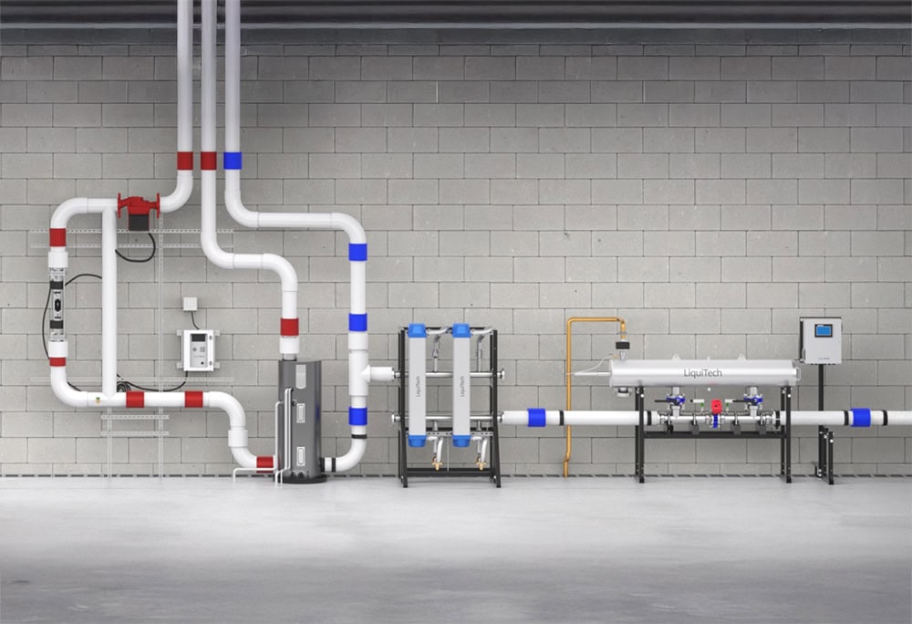 LiquiTech water treatment units mounted in a mechanical room
