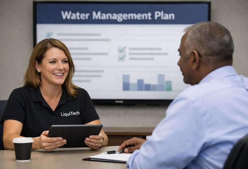 LiquiTech specialist presenting a water management plan to a client in a conference room