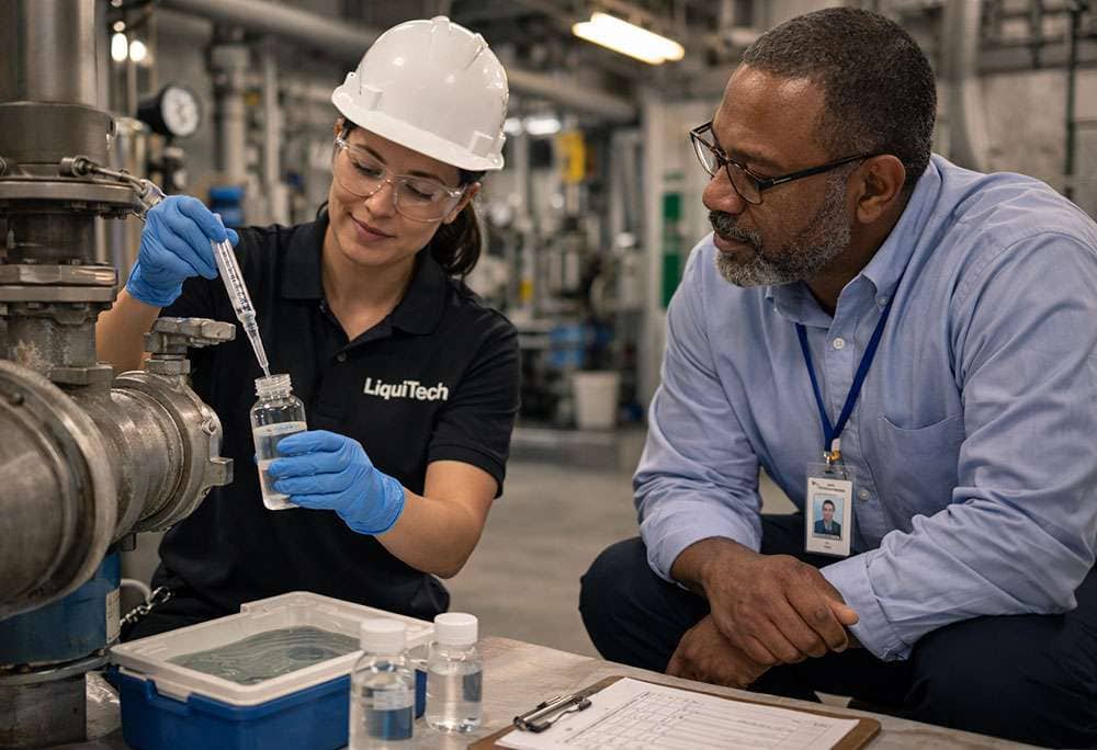 LiquiTech specialist collecting a water sample with a facility manager in a mechanical room for water testing and analysis