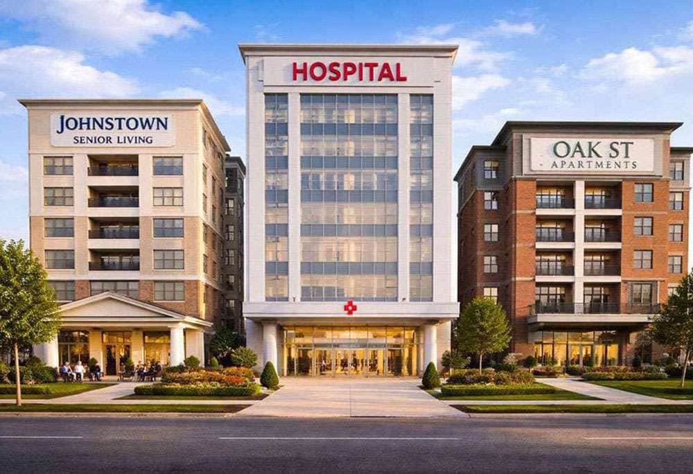 Modern commercial building with reflective pool and landscaping