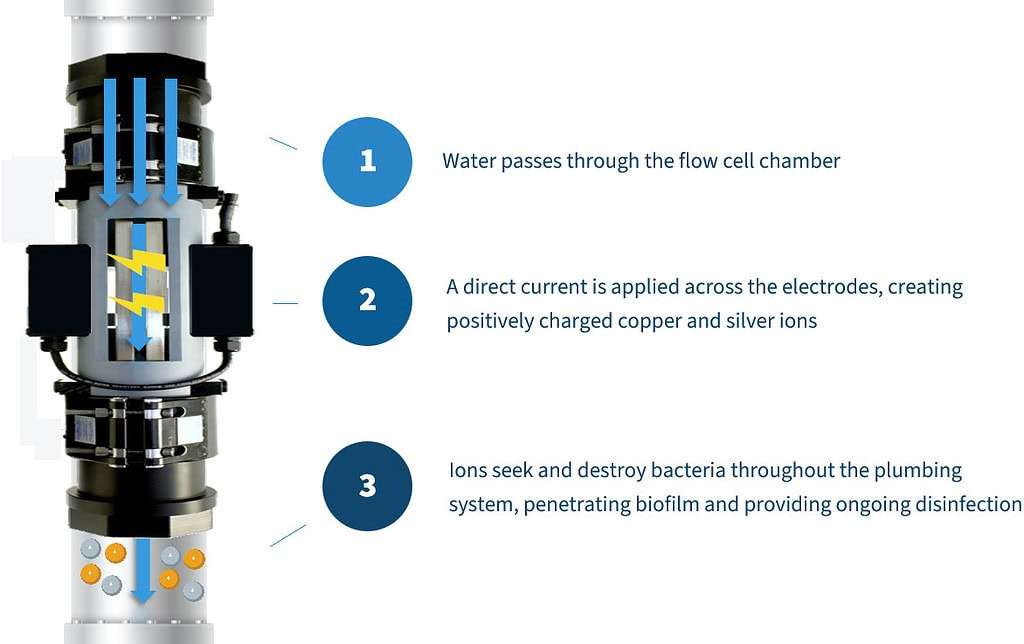Diagram illustrating how the LiquiTech Copper-Silver Ionization flow cell releases ions to eliminate waterborne pathogens