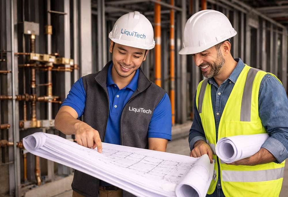 LiquiTech specialist and construction engineer reviewing building plans at an active construction site