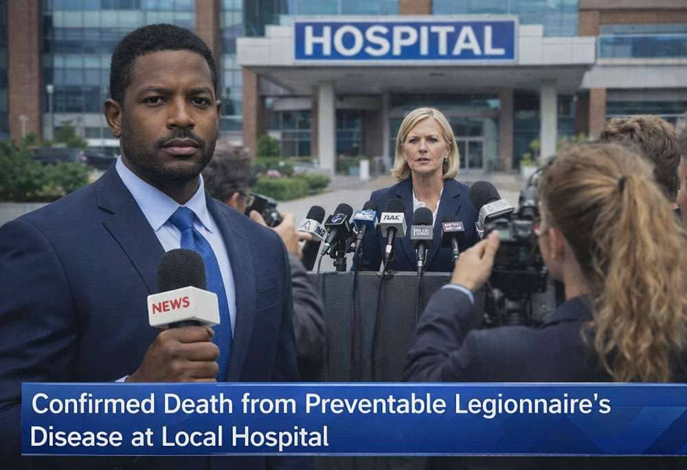 News reporter outside a hospital covering a confirmed Legionnaires' disease outbreak, featured on the LiquiTech blog page