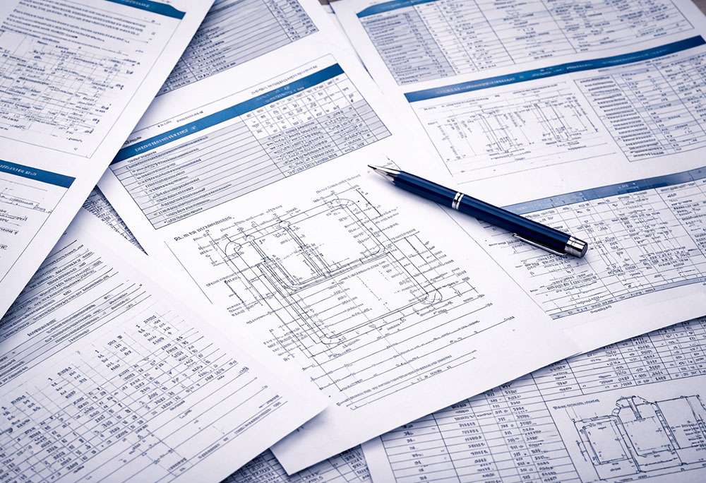 Technical drawings and specifications laid out with a pen next to LiquiTech engineering tools and specs text.