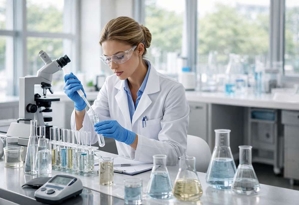 Person wearing a lab coat and gloves working with laboratory glassware and a microscope on a research bench