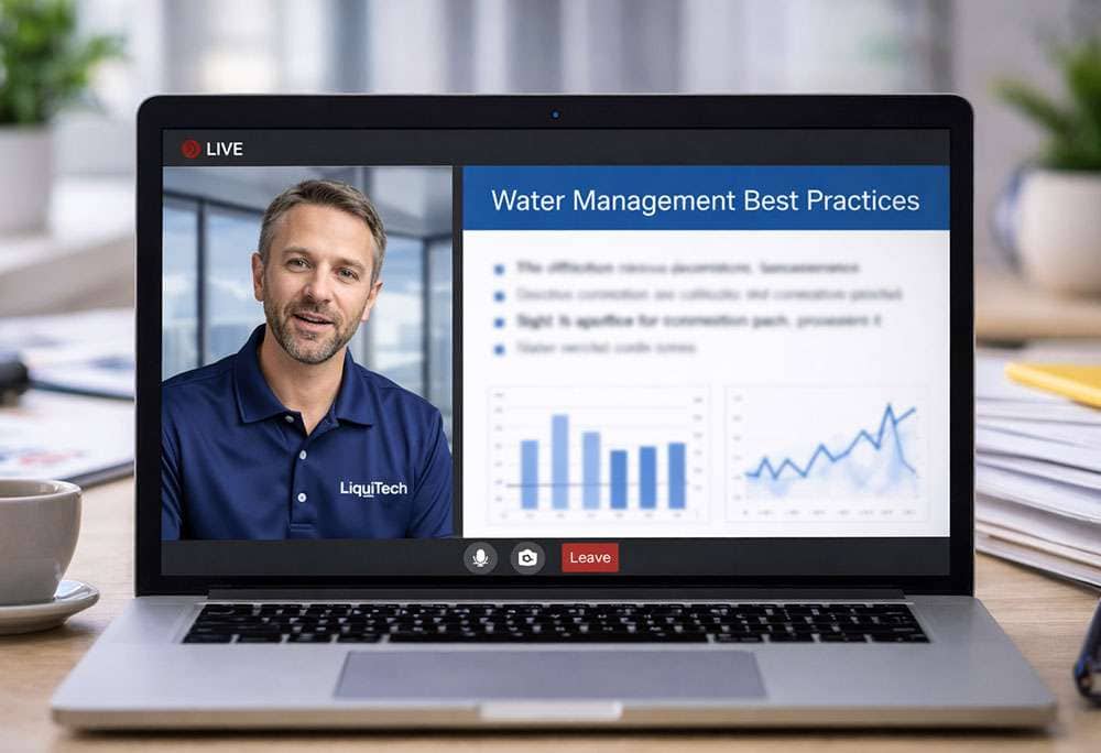 Laptop on a desk displaying a live webinar screen with a presenter and a slide titled ‘Water Management Best Practices,’ showing bar and line charts