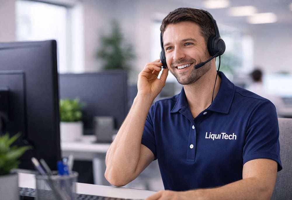 Person wearing a headset and LiquiTech shirt sitting at a desk in an office workspace, speaking while looking at a computer monitor