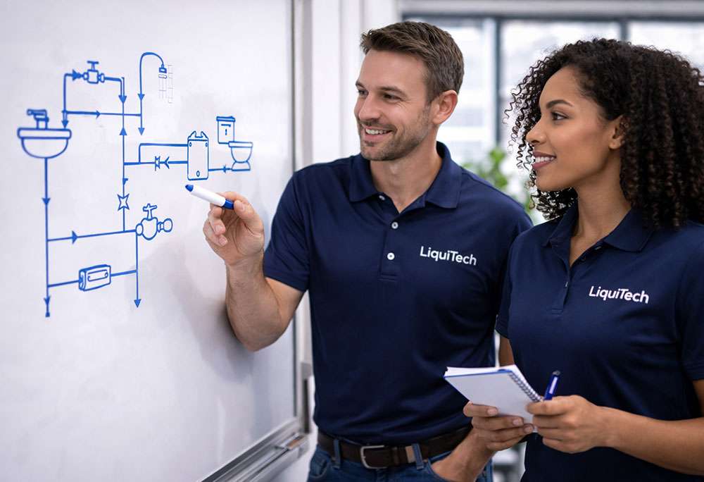 Two people in LiquiTech shirts standing at a whiteboard with a plumbing system diagram