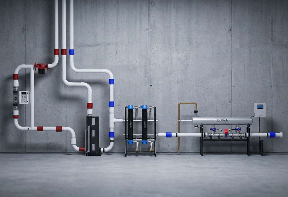 LiquiTech water treatment units mounted in a mechanical room