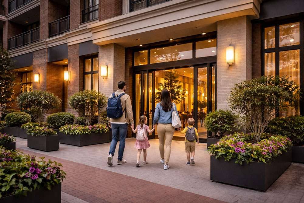 Family entering a modern residential or mixed-use building on the LiquiTech About page