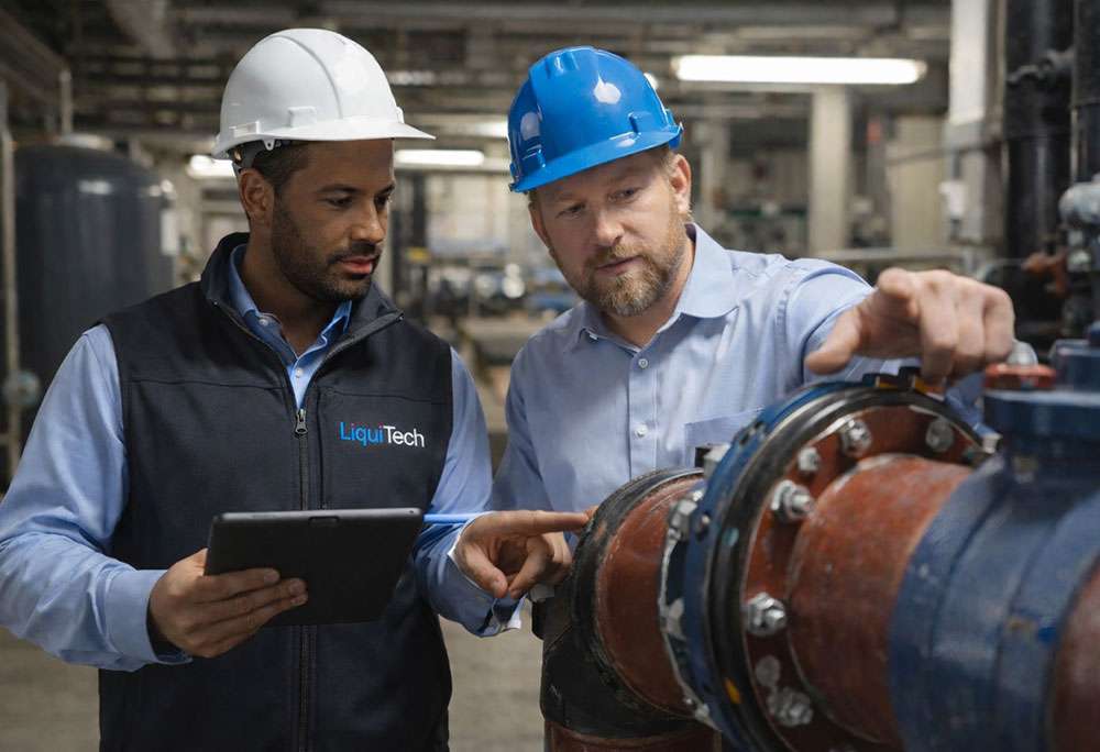 Two people wearing safety helmets and LiquiTech-branded clothing examining industrial piping inside a mechanical room