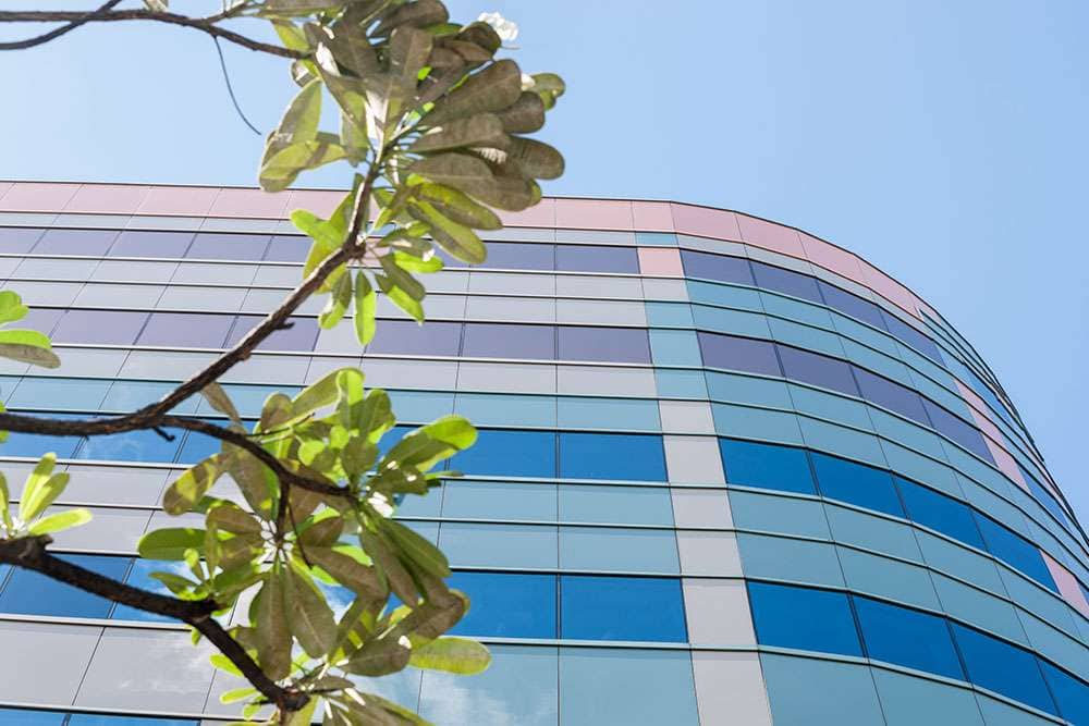 Modern curved glass office tower seen through tree branches on the LiquiTech Commercial Real Estate page