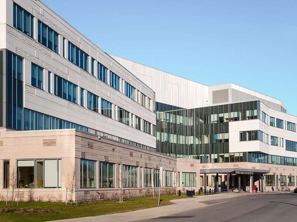 Exterior view of a multi-story hospital building