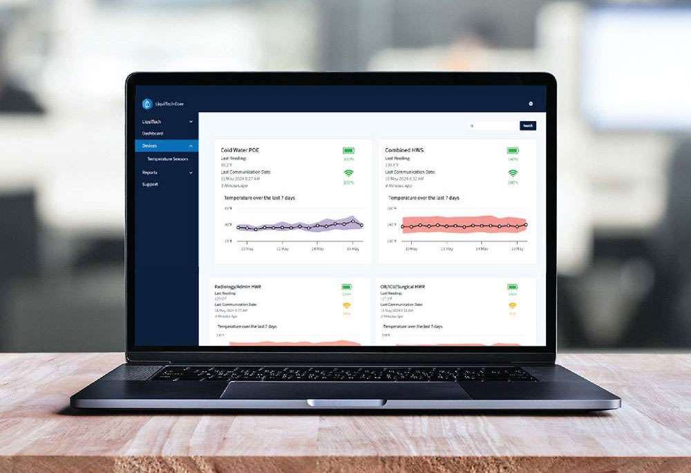 Laptop displaying the LiquiTech Smart Sensors monitoring dashboard and water system data